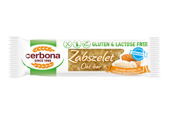 Baton de ovaz cu aroma de caramel si migdale, fără zahăr adăugat, cu îndulcitor, fără gluten și fără lactoză