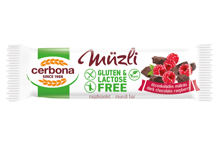 Gluténmentes étcsokoládés-málnás müzliszelet 