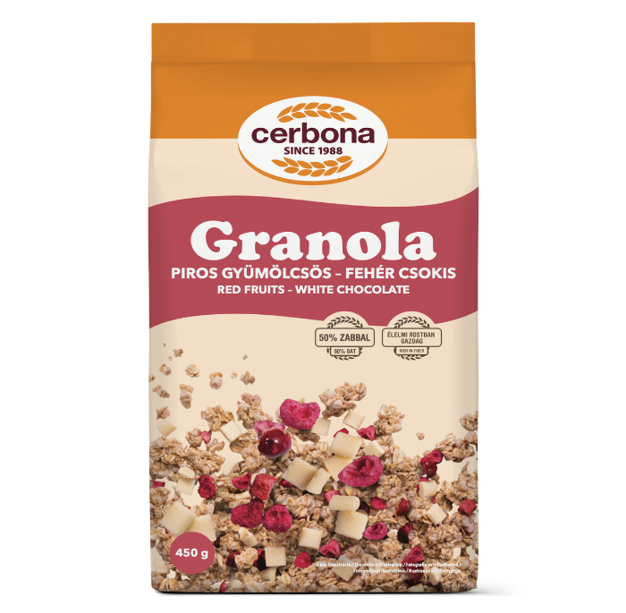Piros gyümölcsös-fehércsokoládés granola